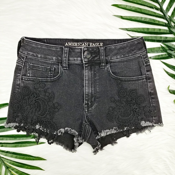 American Eagle Outfitters Pants - AEO | Black Lace Hi-Rise Shortie Cutoffs